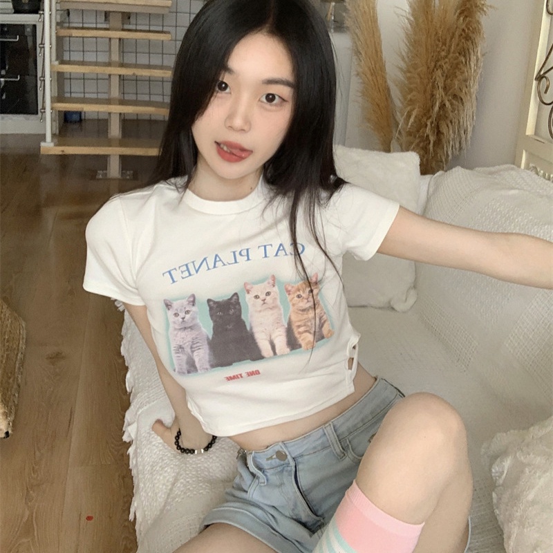 IELGY  Áo Thun Tay Ngắn Màu Trắng In Hình Mèo Dành Cho Nữ
