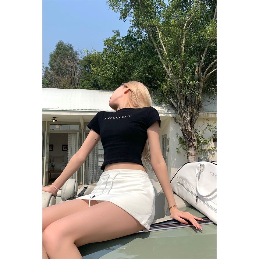 Set Áo Thun Ngắn Tay In Chữ + Chân Váy Chữ A Lưng Cao Thời Trang