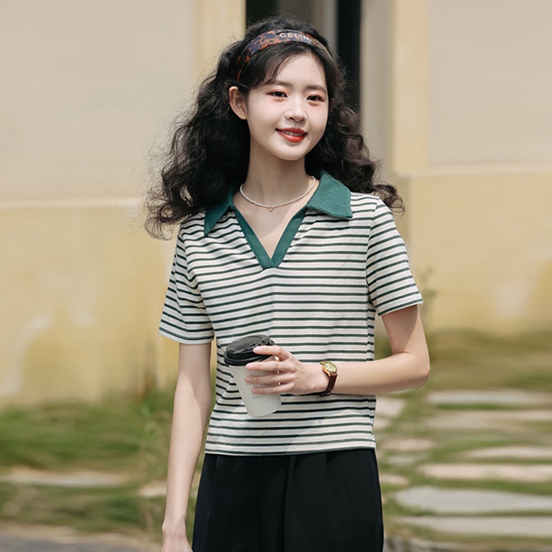 SUXI Áo polo Ngắn Tay Form Rộng Họa Tiết Kẻ Sọc Phong Cách Vintage