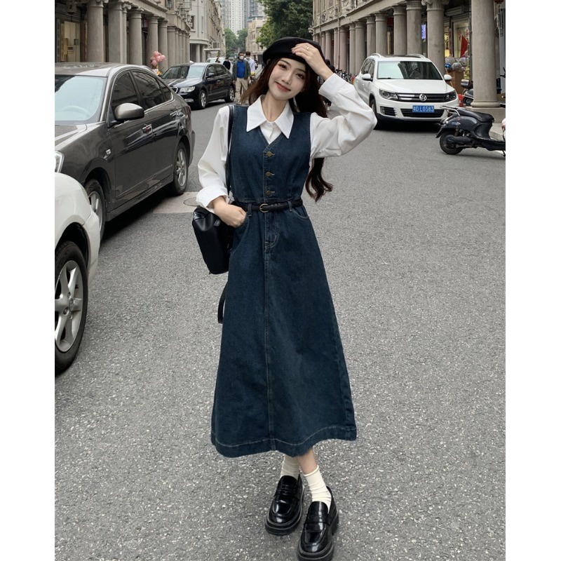 Đầm Yếm denim Dài Dáng Chữ A Cổ Chữ V Thời Trang Mùa Xuân Cao Cấp Cho Nữ