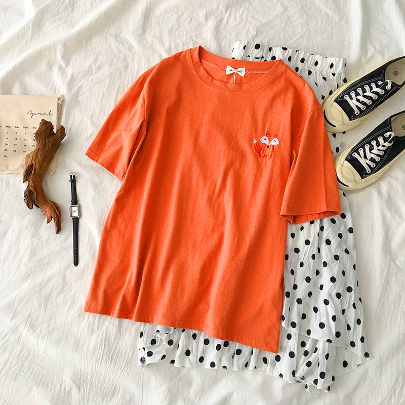 Áo Thun Ngắn Tay Cổ Tròn Thêu Họa Tiết Thời Trang Hàn Quốc Cho Nữ
