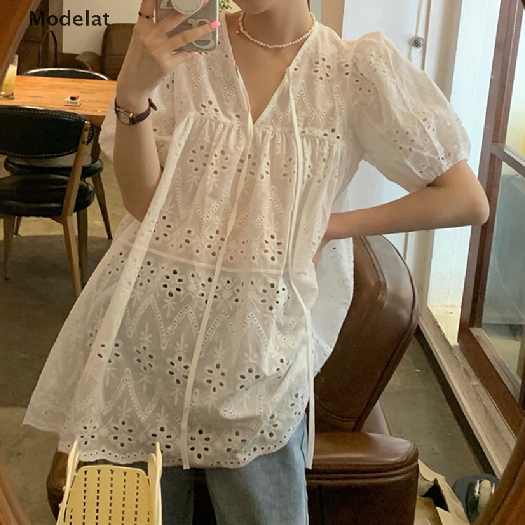 Đầm Mini Màu Trơn Dáng Rộng Cổ Chữ V Tay Phồng Phối Ren Lỗ Thoáng Khí Thời Trang Mùa Hè Cho Nữ