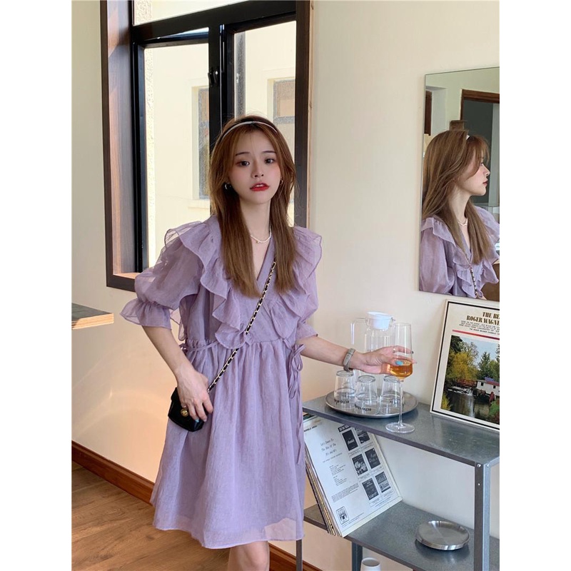 Đầm Cổ Chữ V Phối Dây Rút Thời Trang Hàn Quốc Cho Nữ