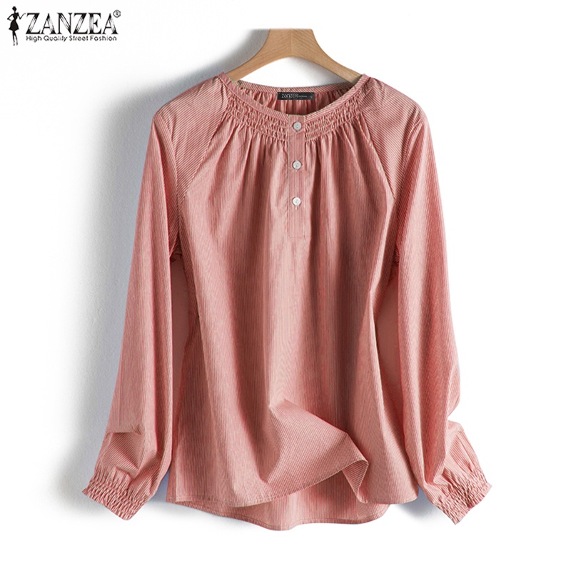 Áo ZANZEA tay dài cổ tròn họa tiết sọc thời trang cá tính cho nữ