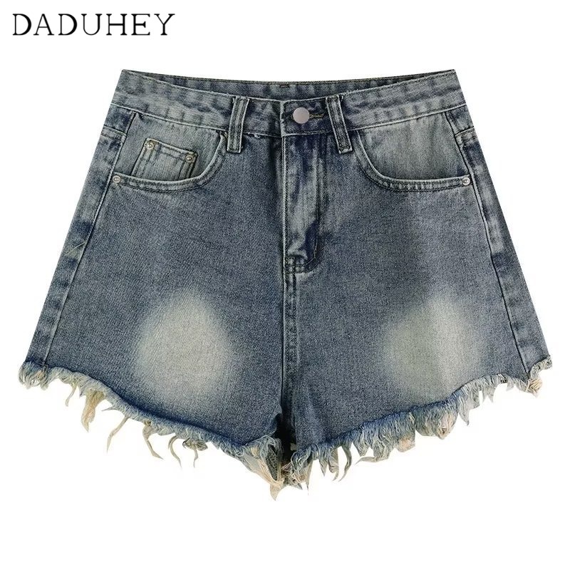 Quần short jean DADUHEY vải denim lưng cao viền thô thời trang phong cách Hàn Quốc