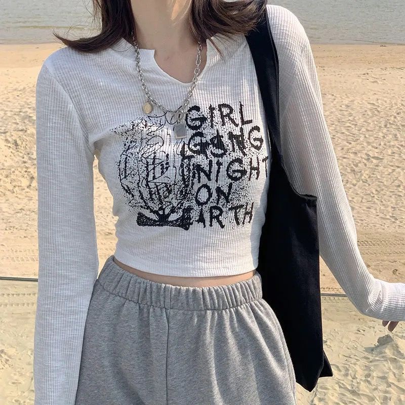 Áo Thun croptop Tay Dài Cổ Chữ V Thiết Kế Mỏng Mùa Thu Phong Cách Mới Cho Nữ