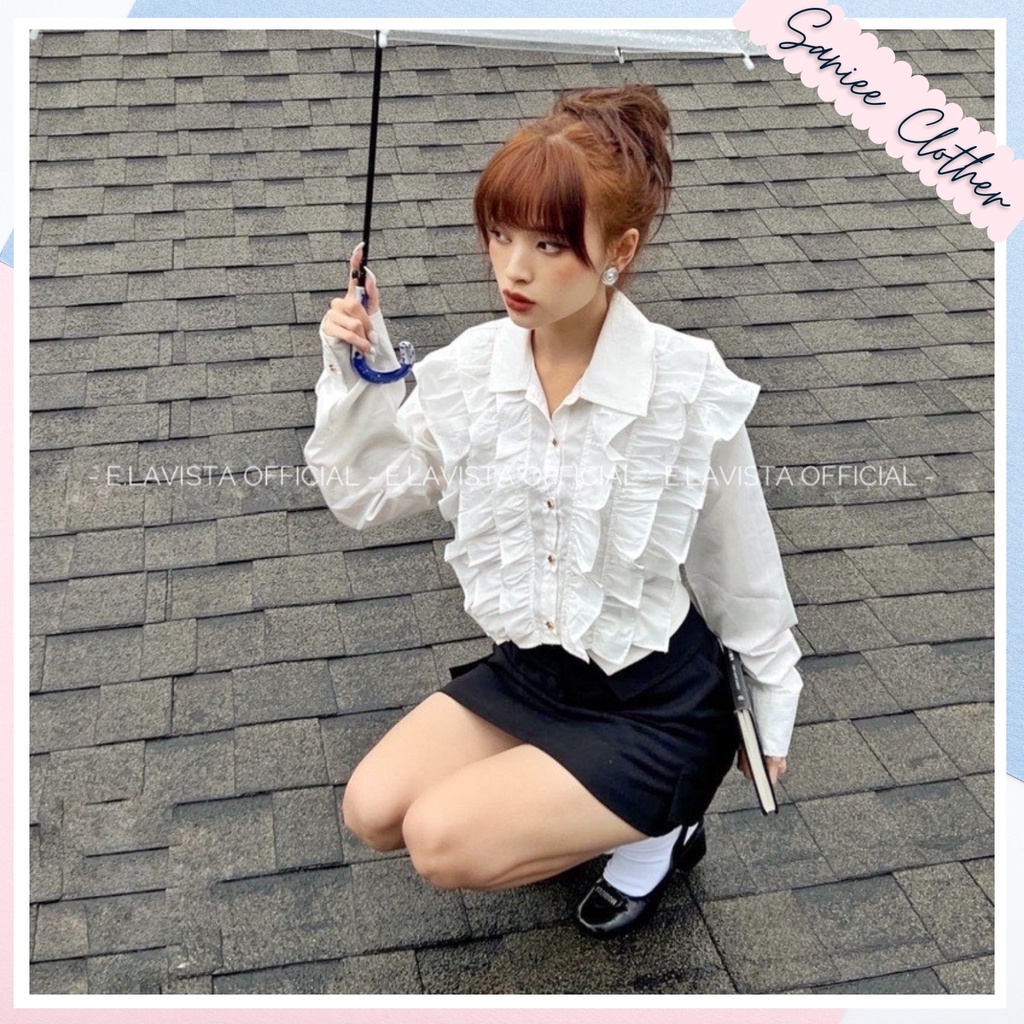 Áo sơ mi tay dài dáng ngắn áo sơmi bèo ngực dáng lửng khuy ngọc siêu xinh SanieeClothes