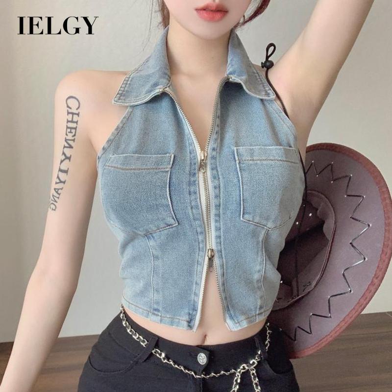 IELGY  Áo denim Hai Dây Ngắn Có Khóa Kéo Phong Cách Âu Mỹ Cho Nữ
