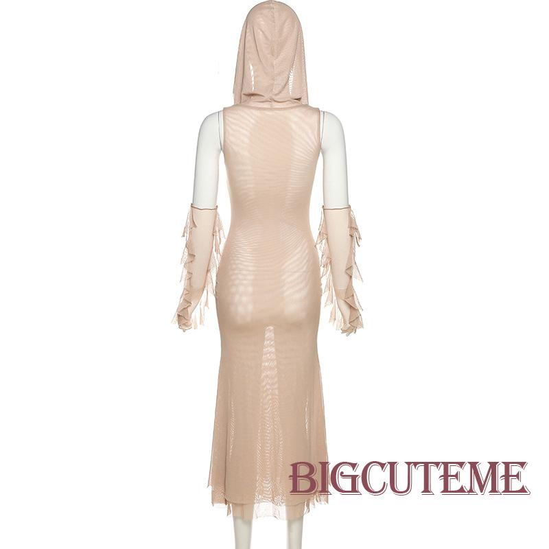 [] E-girl Đầm Lưới Sát Nách Có Mũ Trùm Xuyên Thấu Phong Cách Đường Phố 90s