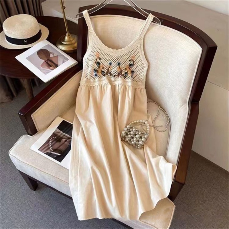 Đầm Cổ Tròn Họa Tiết Kẻ Sọc Thêu Hoa Phong Cách Bohemian Thời Trang Mùa Hè Cho Nữ