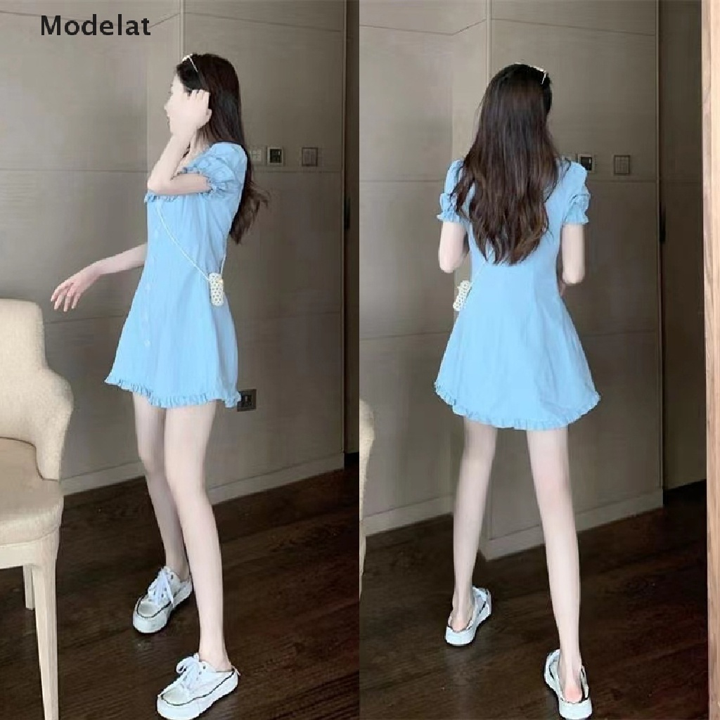 Mfc Đầm Tay Ngắn Dáng Chữ A Mini Màu Trơn Cài Khuy Cổ Peter Pan Eo Cao Thời Trang Mùa Hè Cho Nữ