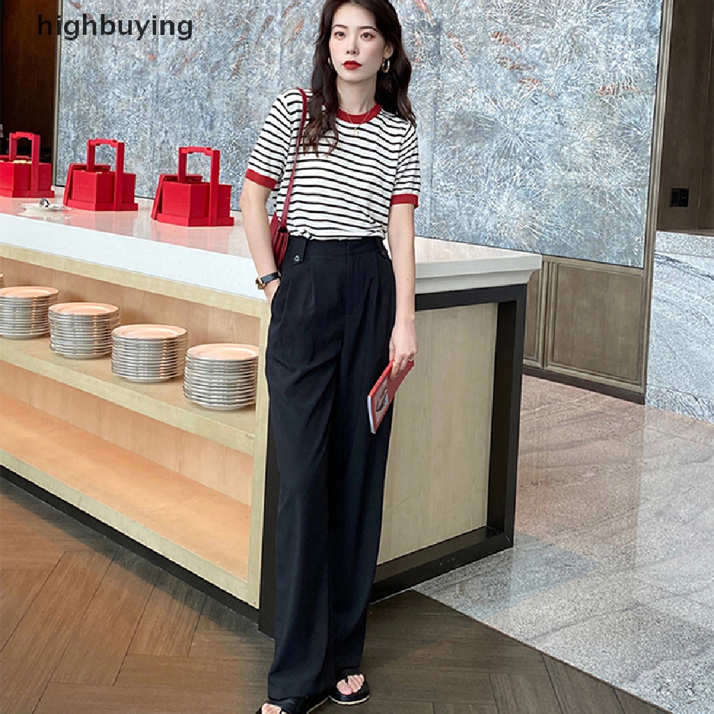 Áo Thun Dệt Kim Tay Ngắn Cổ Tròn Họa Tiết Kẻ Sọc Thời Trang Mùa Hè Cho Nữ