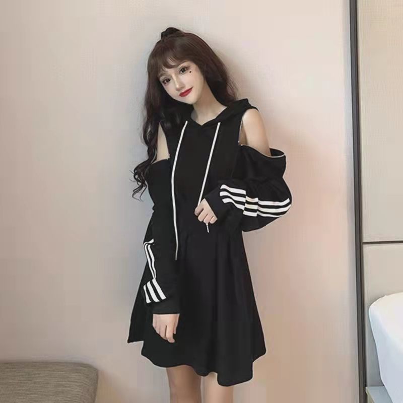 Đầm Thun Dài Tay Hở Vai Có Khóa Kéo Bên Hông Màu Đen Thời Trang Thu Đông Đường Phố