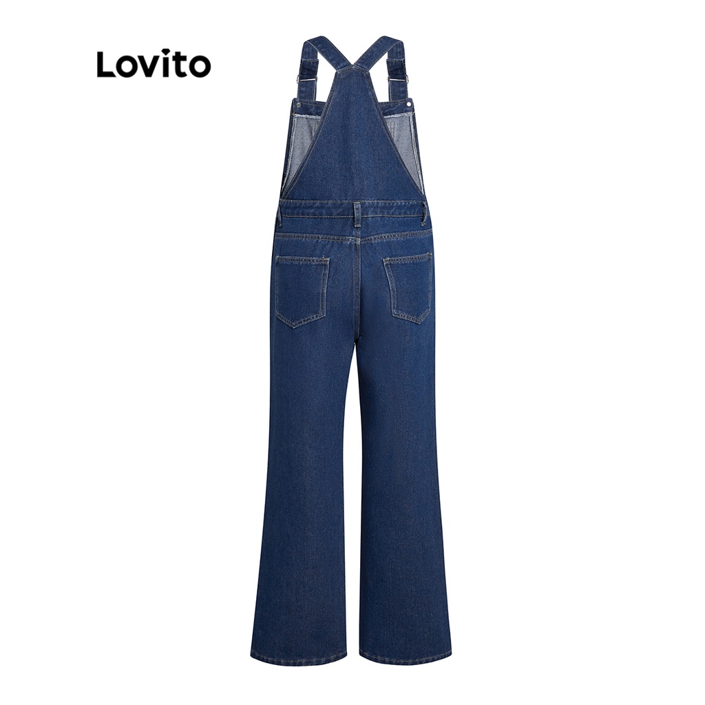 Lovito Casual Plain Pocket Wide Leg Denim Women L35AD054 (Xanh dương)