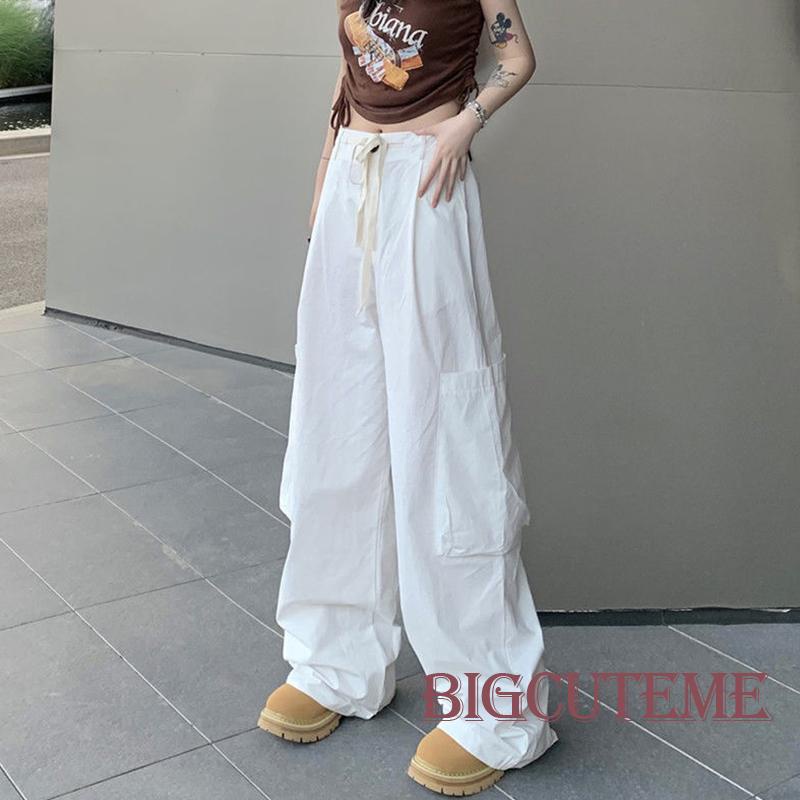 Quần Dài Dáng Suông Rộng Lưng Cao Màu Trơn Có Túi Và Dây Rút Cho Nữ