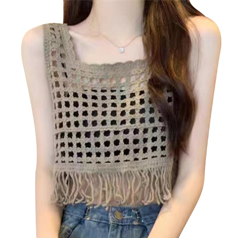 Áo Croptop Dệt Kim Không Tay Viền Tua Rua Thời Trang Cho Nữ