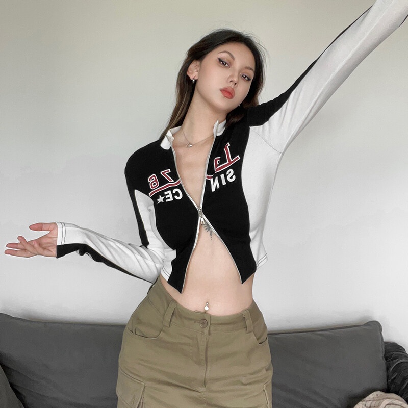 Kliou 2023 Mới Áo Khoác Dáng Ngắn Có Khóa Kéo In Chữ Kliou 2023 Phong Cách Đường Phố Thời Trang Cho Nữ