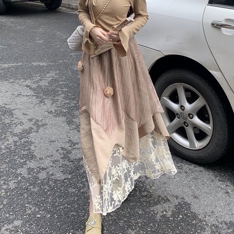 HUIZUMEI Áo Khoác Dáng Dài Phối Chân Váy Dài Lệch Tà Kiểu Phương Tây Cao Cấp Cho Nữ