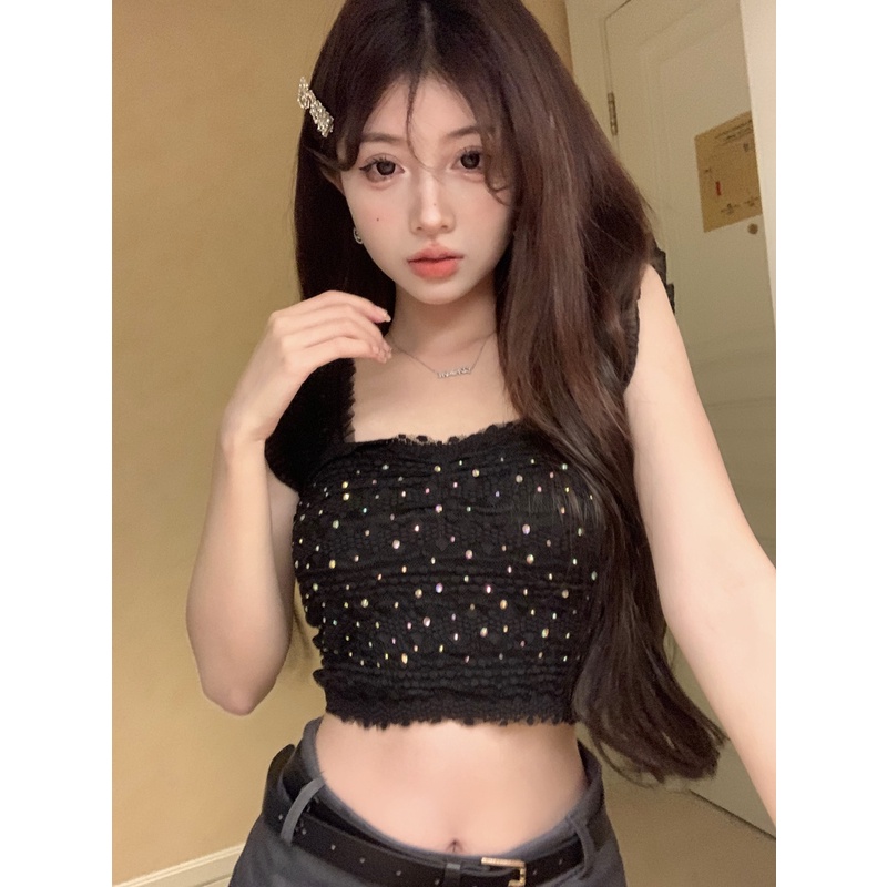 Áo Hai Dây Viền Ren Đính Kim Cương Sáng Lấp Lánh Thời Trang Cho Nữ