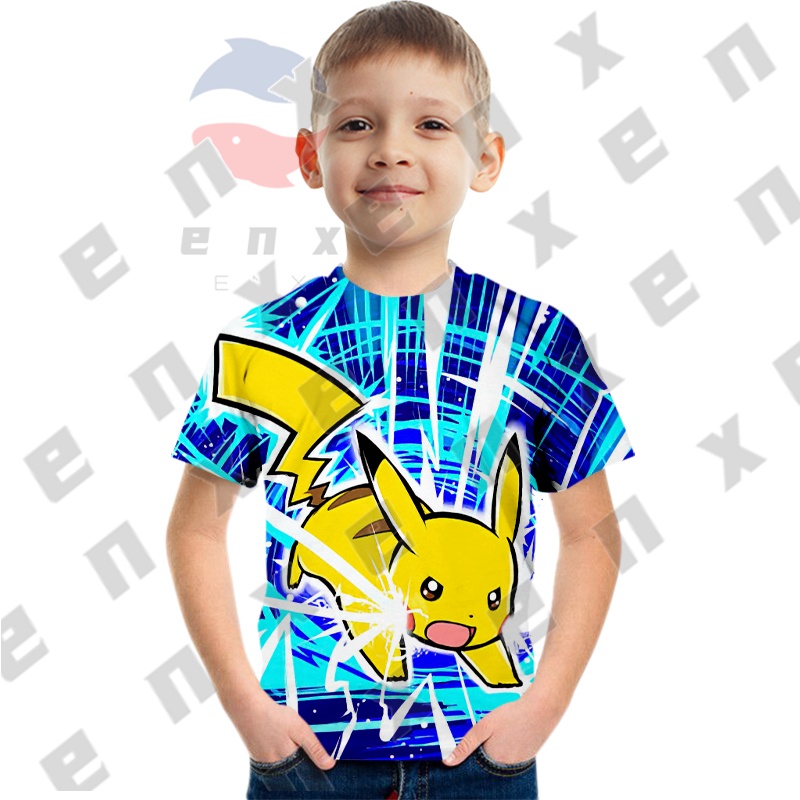 Áo Thun Cộc Tay In Hình Pikachu Cho Bé 3-13 Tuổi