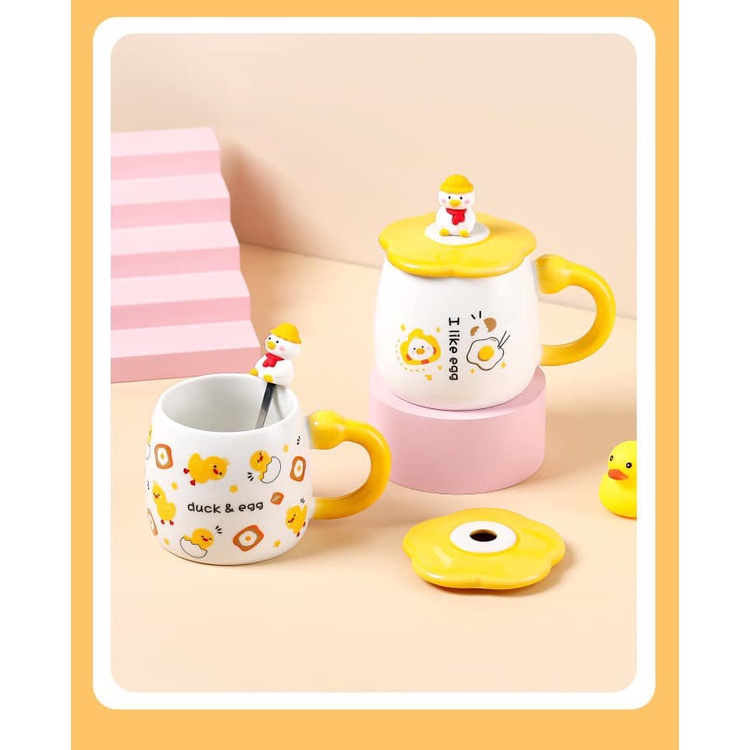 Ly cốc sứ có nắp hình chú vịt vàng đáng yêu dễ thương kèm thìa inox 400ml