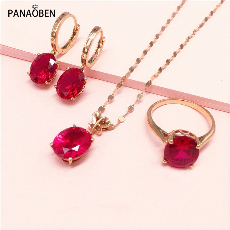 Phụ Kiện Cho PANAOBEN Chất Lượng Cao♥ Bộ Trang Sức Vòng Cổ Bông Tai Nhẫn Bướm Đính Đá Hồng Ngọc Hồng Vàng 14K 585 Sang Trọng Cho Nữ