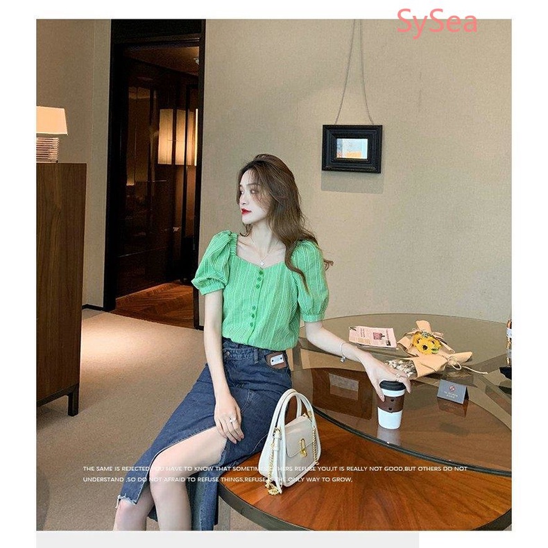 Áo Kiểu Tay Phồng Cổ Vuông Phong Cách Retro Pháp Cho Nữ