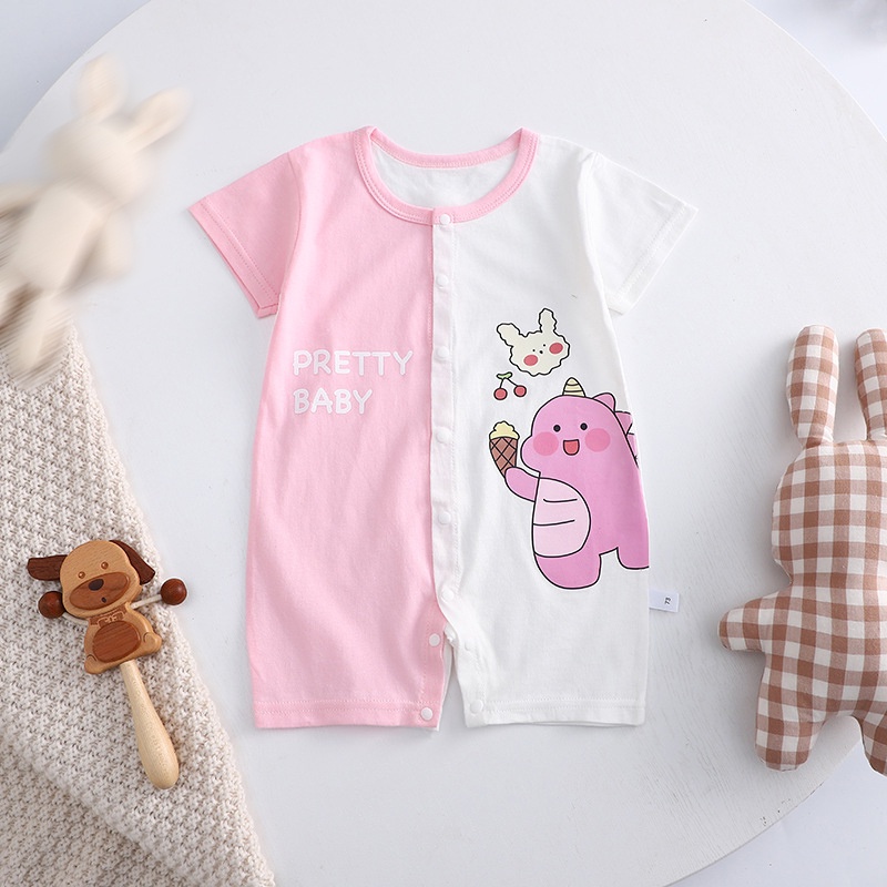Bộ Áo Liền Quần Bằng Cotton Tay Ngắn In Hoạt Hình Dễ Thương Thoải Mái Thời Trang Mùa Hè Cho Bé Sơ Sinh