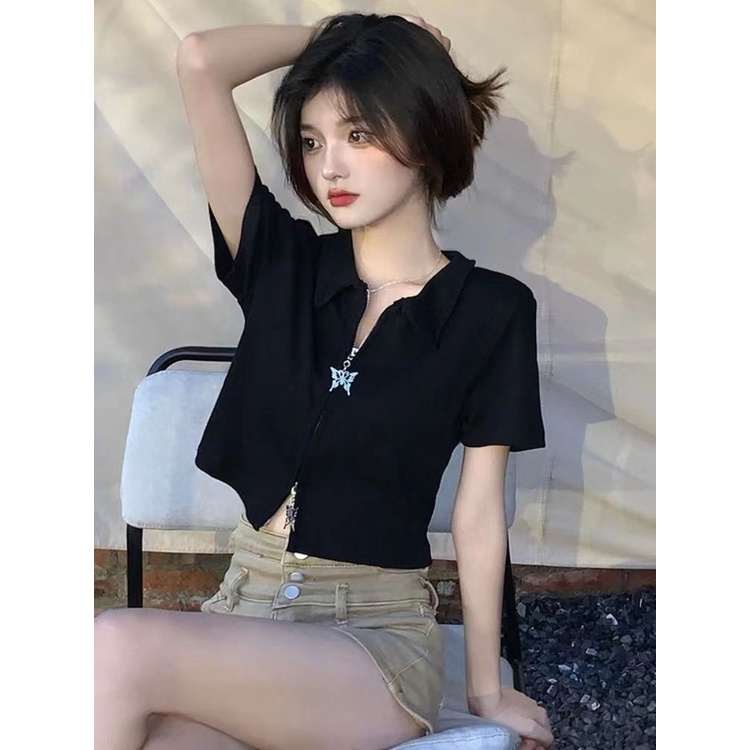 Áo Thun polo Hai Khóa Kéo Dáng Ôm Phong Cách Preppy Thời Trang Mùa Hè Ngọt Ngào