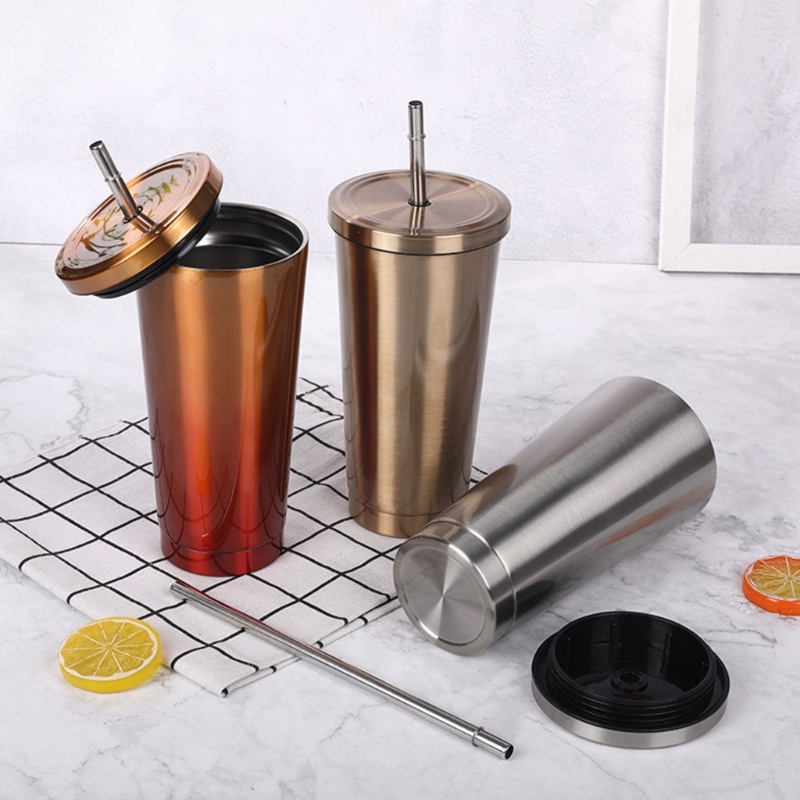 Cốc Uống Nước Bằng Thép Không Gỉ Có Nắp Và Ống Hút Tiện Dụng