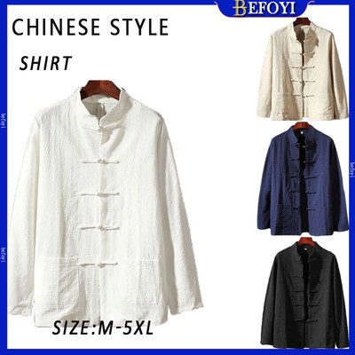 Áo sơ mi nam phong cách Trung Quốc Cotton cổ áo dài tay dáng rộng thường ngày zyq015