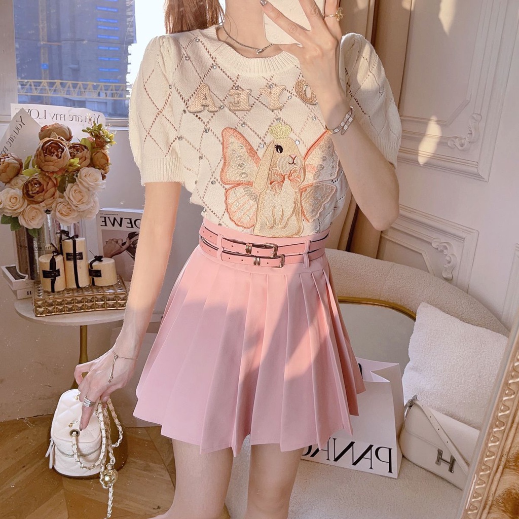 Niche Áo Thun Tay Ngắn Cổ Tròn Đính Kim Cương Khoét Rỗng Nhẹ Nhàng Thời Trang Cao Cấp Phong Cách Preppy Thời Trang 2023 Dành Cho Bạn Nữ