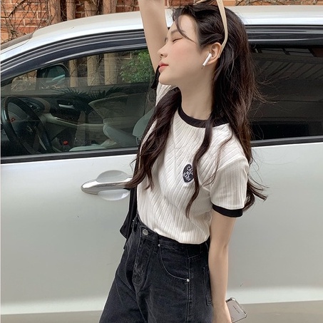 Áo baby tee croptop nữ cotton ngắn tay cổ tròn phối màu Retro vừa vặn phong cách mới mùa hè Mophus MA045
