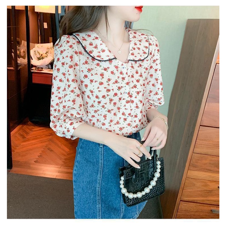Áo Sơ Mi Chiffon Tay Lỡ Cổ Búp Bê Họa Tiết Hoa Phong Cách Mới Cho Nữ