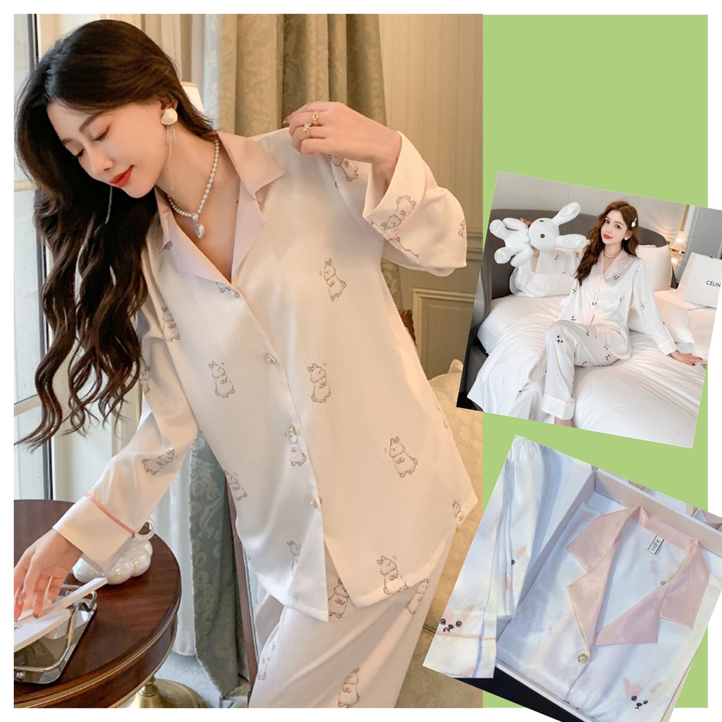 Bộ Đồ Ngủ Tay Dài Chất Lụa Satin In Họa Tiết Chú Thỏ Nhỏ Dễ Thương Chất Lượng Cao Thời Trang Mùa Xuân 2023 Cho Nữ Size M-5XL