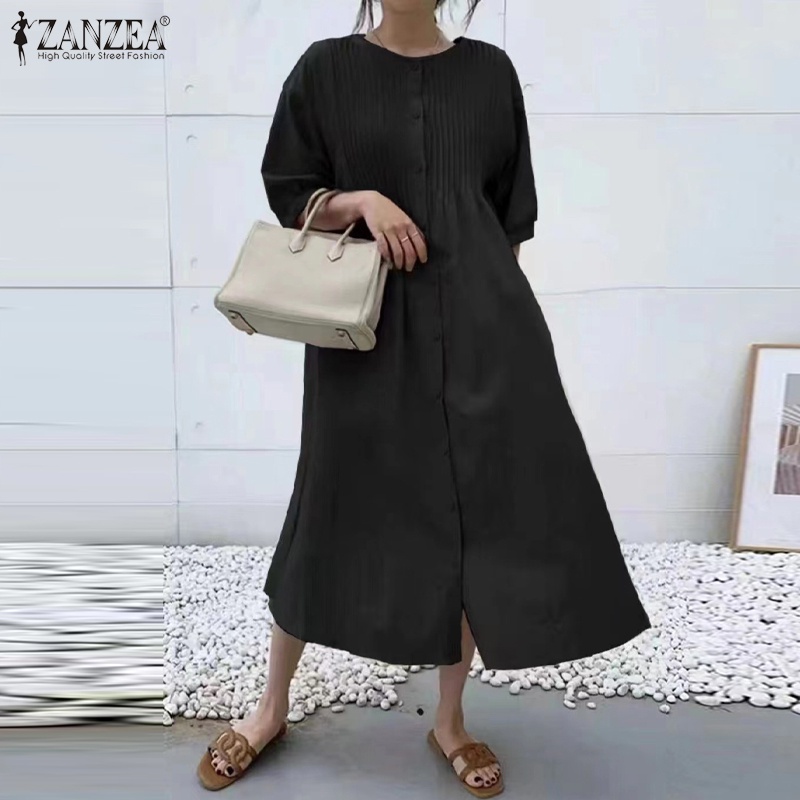 Áo sơ mi ZANZEA tay lỡ 3 / 4 cổ tròn phối túi thời trang cho nữ