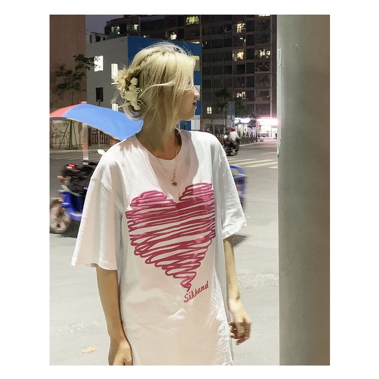 Áo Thun Nữ Ngắn Tay In Hình Trái Tim Phong Cách Mới