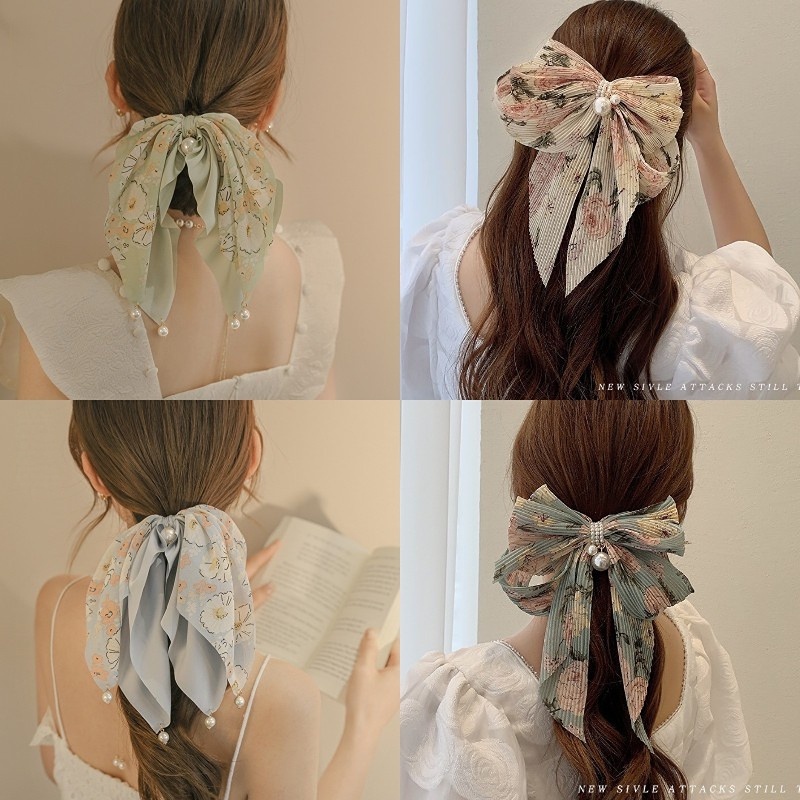 Kẹp Tóc Đuôi Ngựa Đính Ngọc Trai Và Ruy Băng Dài Phong Cách Hàn Quốc Cho Nữ