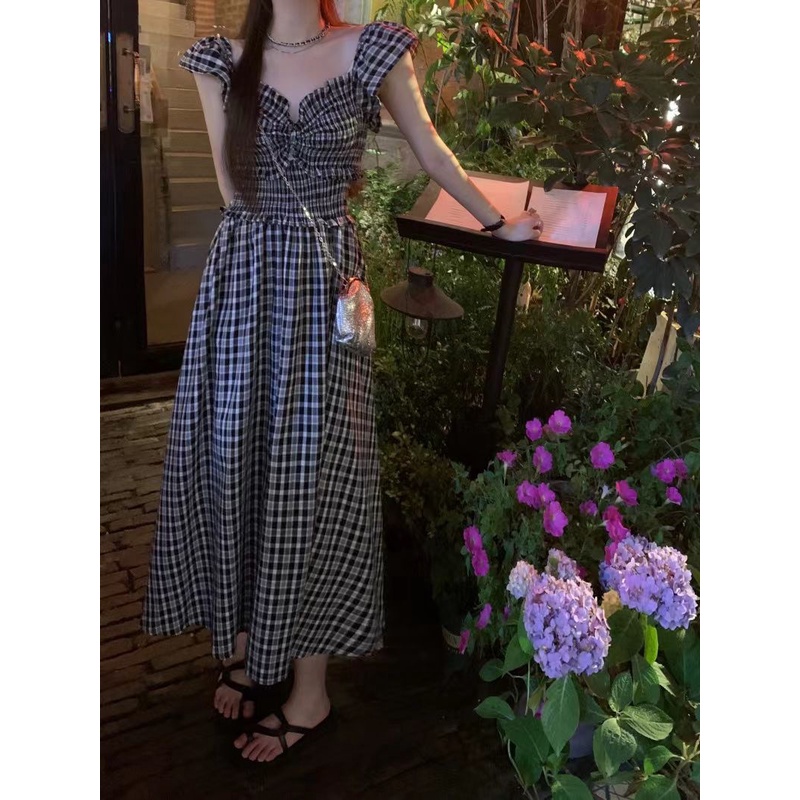 Đầm Midi Cổ Chữ V Tay Phồng Họa Tiết Kẻ Sọc Thời Trang Mùa Hè Hàn Quốc 2023 Dành Cho Nữ