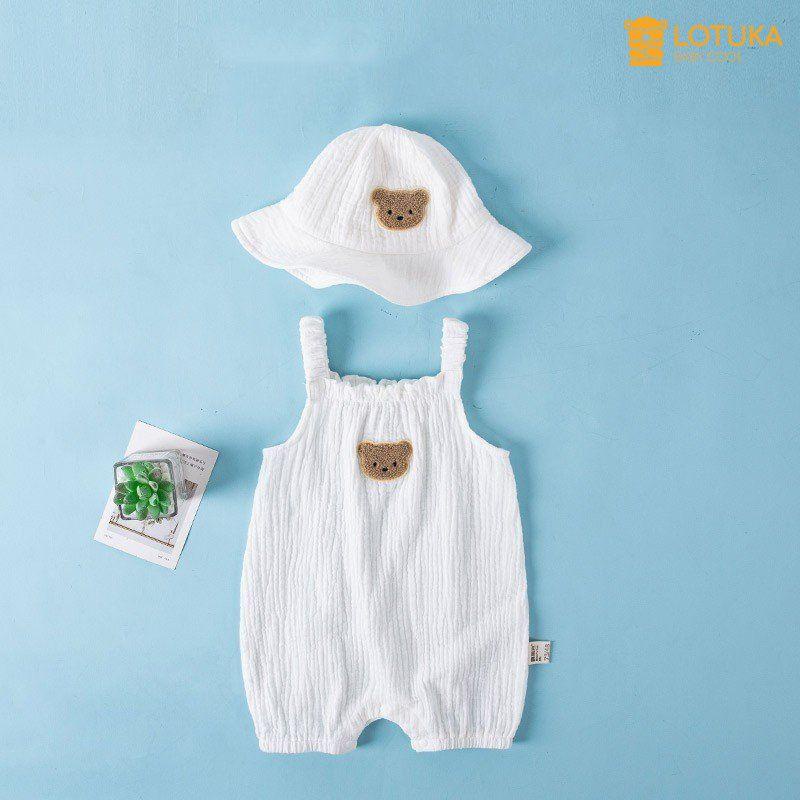 [Xô Muslin] Bodysuit Hai Dây LOTUKA Chất Xô Kèm Mũ Xinh Xắn, Quần Áo Trẻ Em Mùa Hè, Đồ Sơ Sinh Cho Bé 0-12m