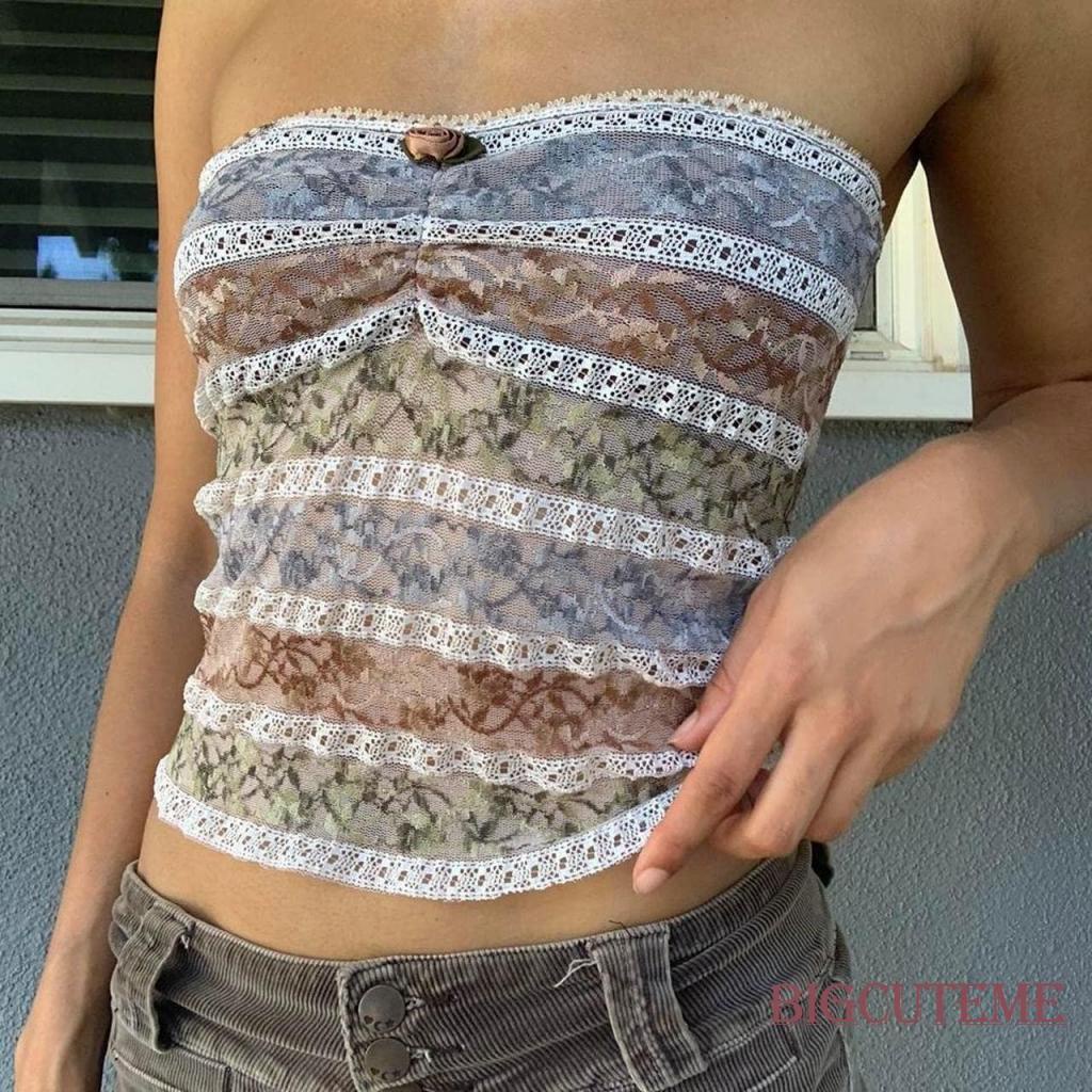 Áo Crop Top Hai Dây Phối Ren Phong Cách Vintage Dễ Thương Thời Trang Mùa Hè 2000s Y2K