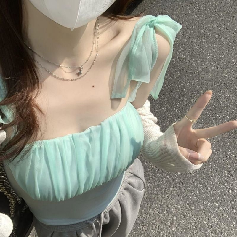 Áo Hai Dây Màu Trơn Phối Lưới Thời Trang Mùa Hè Cho Nữ