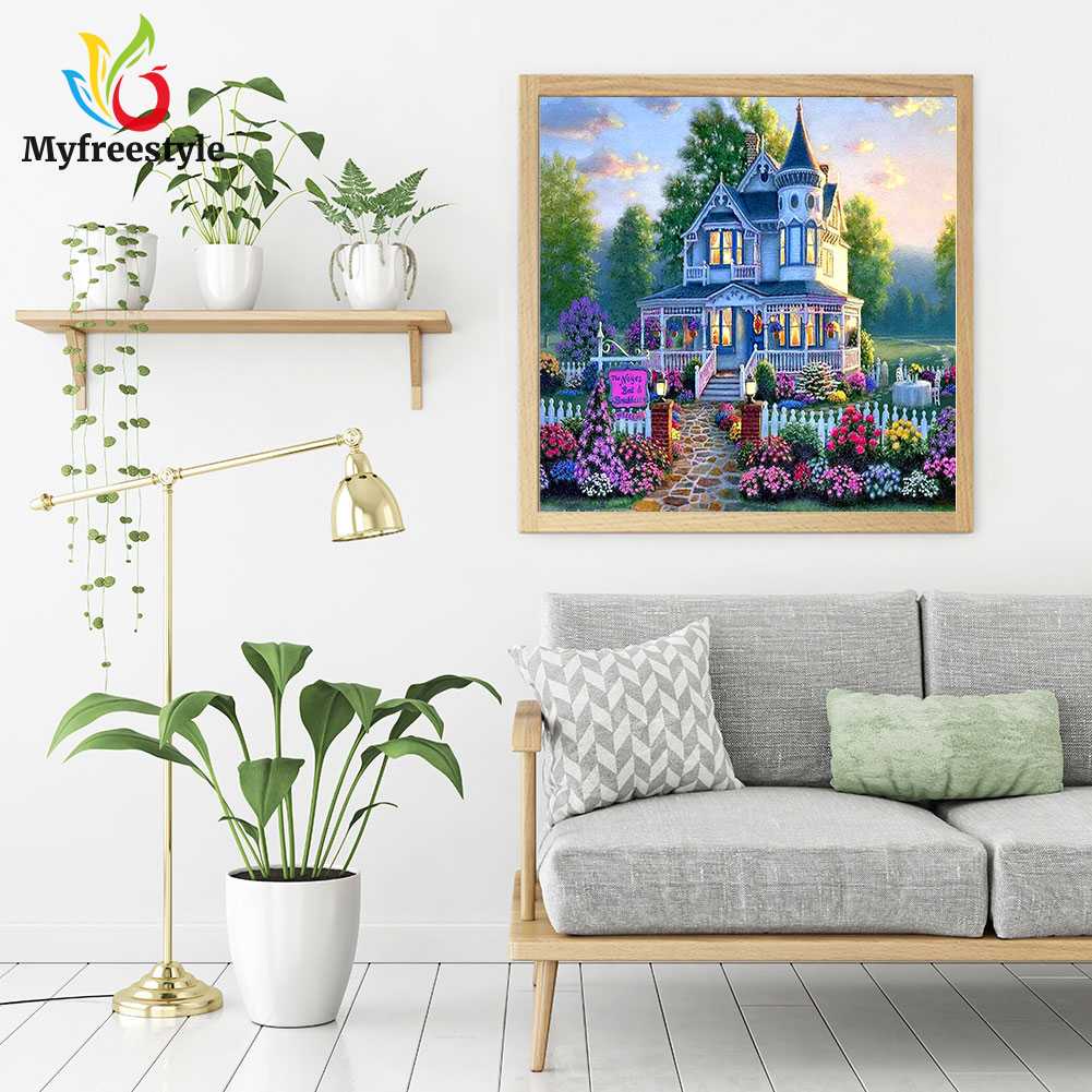 30*30cm Tranh Đính Đá Kim Cương Toàn Bộ Hình Vẽ Biệt Thự Hoa Diy