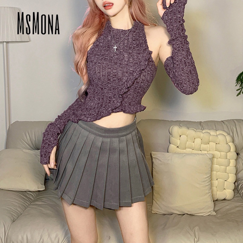 MsMona Áo Thun Cổ Tròn Dáng Ôm Màu Trơn Thời Trang 2023 Quyến Rũ Cho Nữ