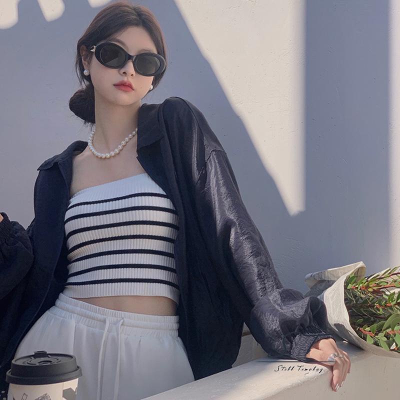 Áo Tank Top Hai Dây Dệt Kim Mỏng Họa Tiết Kẻ Sọc Ngang Cho Nữ CY03