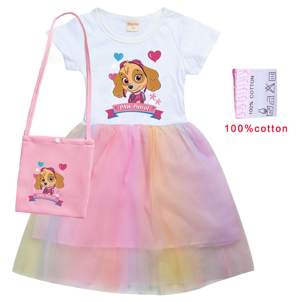 Set Đầm Xòe + Túi Cotton Tay Ngắn Họa Tiết Hoạt Hình Paw Patrol Cho Bé Gái