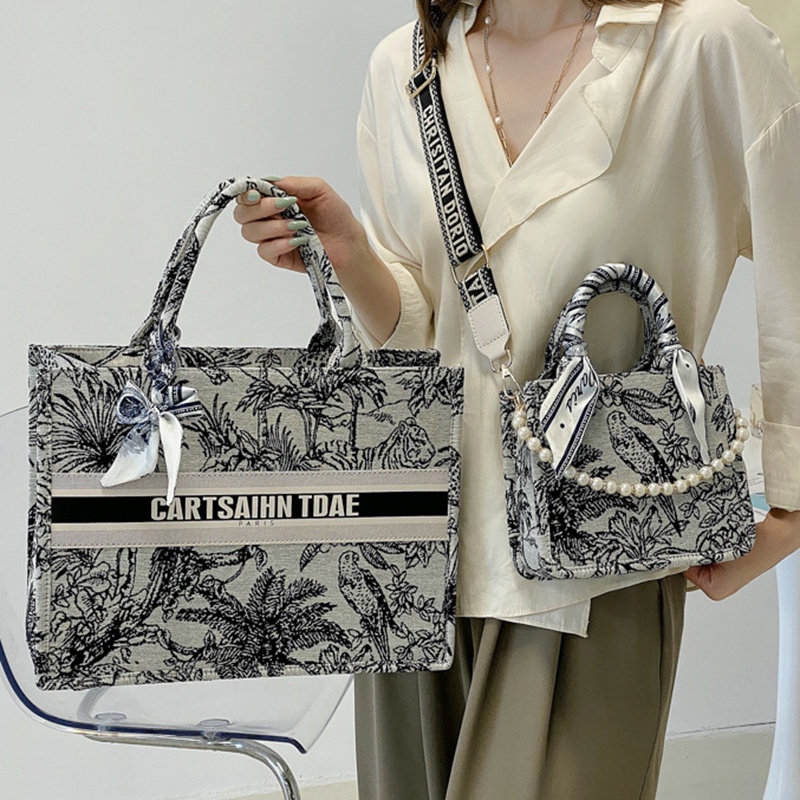 Ielgy Túi Xách Lụa Đeo Vai Sức Chứa Lớn Họa Tiết Tranh Sơn Dầu Đính Ngọc Trai Có Dây