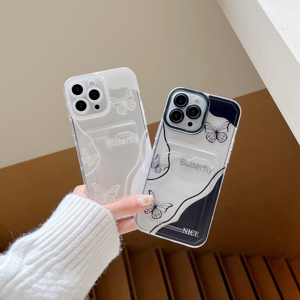 Ốp Điện Thoại Tpu Mềm Trong Suốt Có Ngăn Đựng Thẻ In Hình Bướm Cho iPhone 14 13 12 11 Pro XS Max 7 8 Plus
