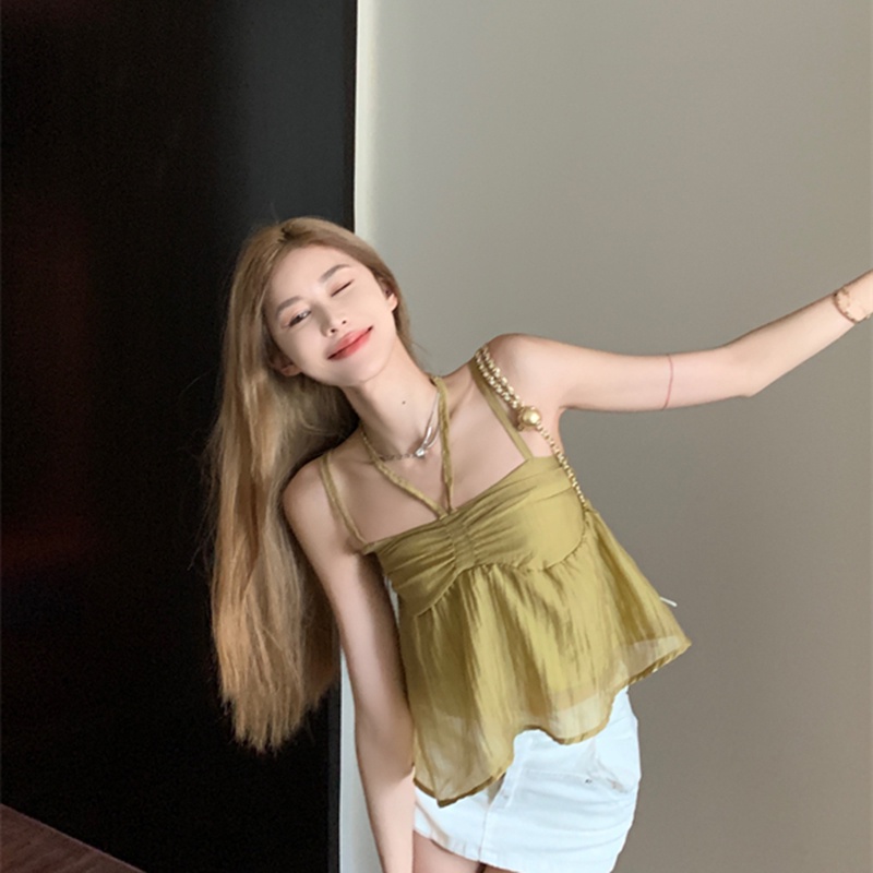 IELGY   Áo hai dây Lưới Cổ Yếm Hở Lưng Kiểu Pháp Xinh Xắn Cho Nữ