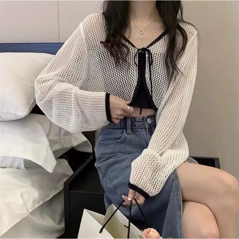 Áo Khoác Cardigan Chống Nắng Dáng Ngắn Phối Màu Tương Phản Kiểu Hàn Quốc Thời Trang Mù